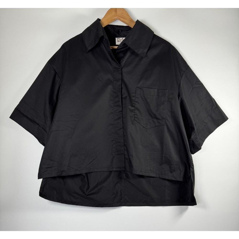 Planet by‎ Lauren G Poplin Shirt One Size Black Boxy Oversized Modern Minimalist
